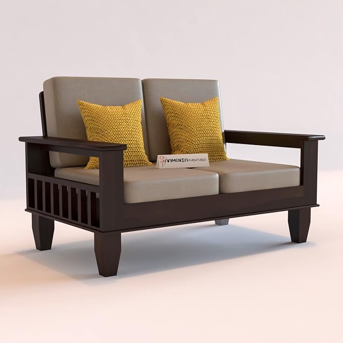 Image of Sheesham Wooden 2 Seater Sofa for Living Room | Rosewood 2 Seater Cushion Sofa with Side Newspaper Holder for Home & Office | Solid Wood Sofa Set for Lounge (Walnut)