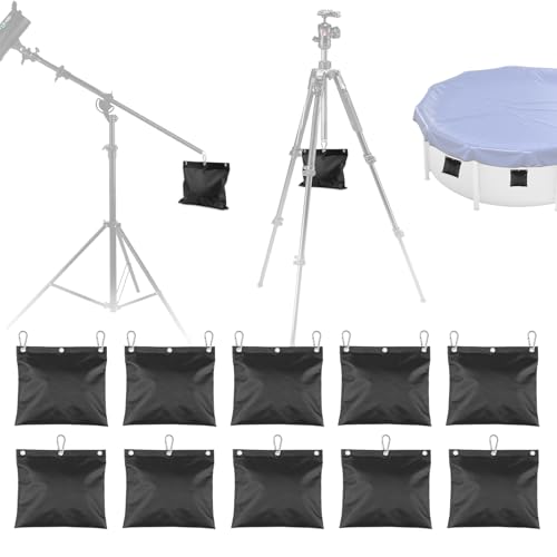 10-Pack Photography Sandbags Weight Bag with Carabiner(Max Capacity 22 LBS), 1680D Heavy Duty Oxford Cloth Small Sand Bag for Photo Studio Light Stand, Video Tripod, C Stands, Pool Cover(No Sand)