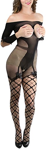 Image of ToBeInStyle Women's Bodystocking Crotchless Peek-A-Boo Fishnet Lace Bodysuit
