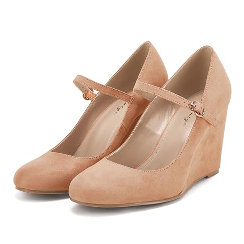 Image of Coutgo Womens Wedge Pumps Dressy Mary Jane Shoes Comfort Wedges Closed Toe Ankle Strap Heeled Shoes