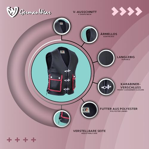 Leder Motorrad Kutte Karabiner Lederweste Bikerweste Motorradweste, L, Schwarz/Rot