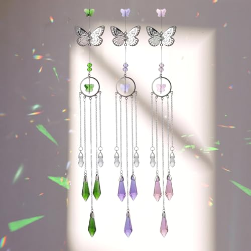 Crystal Sun Catcher Silver Butterfly Suncatchers for Windows Hanging Healing Crystals Gift for Wife Mom Set of 3