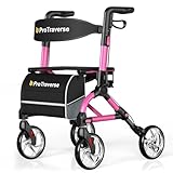 ProTraverse Foldable Rollator Walkers with Seat for Seniors, Lightweight Rolling Walkers with Cup Holder and Bag,8' Big Wheels,350LBS Weight Capacity, Adjustable Handles,Pink