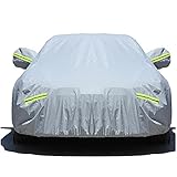 ❥ 【DIMENSIONES E INSTALACIÓN】 ： (Mide el tamaño de tu coche antes de comprar la funda). Dos dobladillos elásticos completos en la parte delantera y trasera, cuatro correas a prueba de viento colocadas en la rueda, una correa debajo en el medio de la funda, puedes proteger la funda de tu coche con viento fuerte para que no se escape