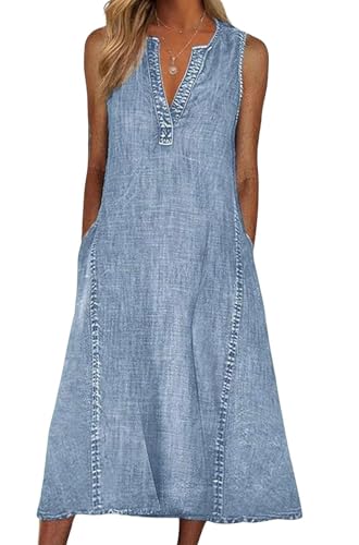 CHARTOU Women Casual Sleeveless Denim Midi Dress A Line Mid Long Tank Dress Jean Shift Dress Jumper Summer (Medium, Blue)
