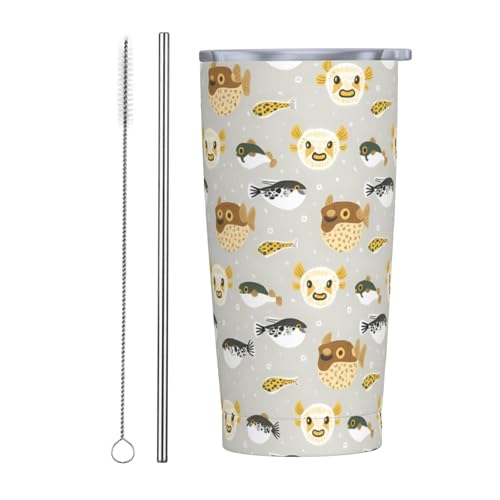 河豚 魚 河豚柄 ステンレス真空断熱タンブラー蓋付 軽量保冷保温ステンレスボトル 590ml 部活通勤用洗いやすい水筒