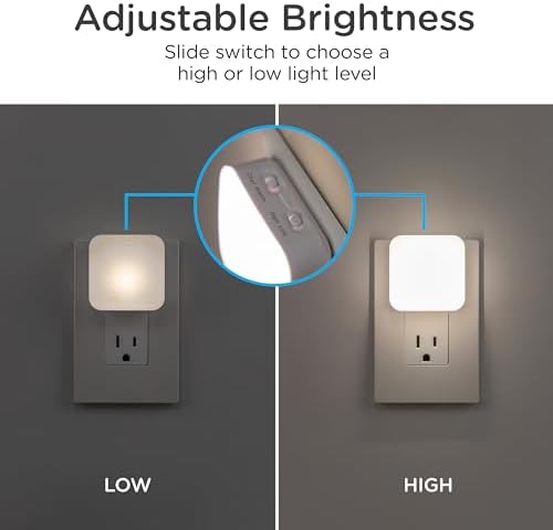 Lights By Night Dimmable LED Night Light, Plug-in, Dusk to Dawn Sensor, Adjustable, Compact, 4 Settings, Ambient Lighting, for Kids or Adults, Bedroom, Bathroom, Nursery, Hallway, 2 Pack, 82179