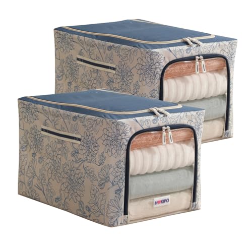Image of HOKIPO Clothes Storage Box, 600D Oxford Fabric Organiser for Wardrobe, Blue Blossom - Large Pack of 2 (AR-6489-BLU*2)