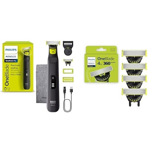 Philips Norelco OneBlade 360 Pro Hybrid Face & Body Electric Trimmer, QP6542/70 with Philips Norelco OneBlade 360 Replacement Blades, 4 Pack, QP440/80 - Precise Control, Long-Lasting Blades