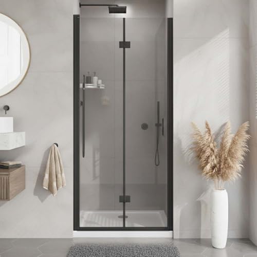 Homecart 34" Swing Shower Door Semi-Frameless Pivoting & Hinged Bi-Folding Tempered Glass Shower Cubicle for Bathroom,Black