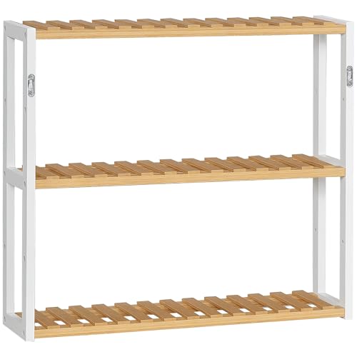 HOMCOM Estantería de Pared de Bambú Balda de Pared de 3 Niveles Estante Flotante para Salón Dormitorio Cocina Baño 60x15x54 cm Natural y Blanco