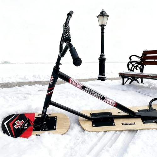 Patinete de nieve de alta capacidad con dirección de 360°, construcción de aluminio triple, esquís todo terreno para toda la familia, soporta hasta 330 libras, color madera