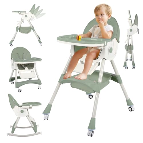 Image of 6 in 1 High Chair for Babies and Toddlers Portable Folding Baby Feeding Chair with Wheels and Footrest,Adjustable Height and Backrest Multi-Functional Highchair for Home and Travel