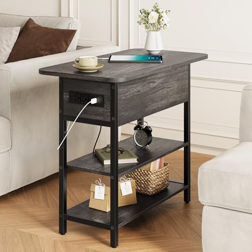 Image of Yoobure End Table with Charging Station, Flip Top Side Table with USB Ports and Outlets, Sofa Couch Table Bedside Table for Living Room Bedroom, Narrow Nightstand with Storage Shelves for Small Space