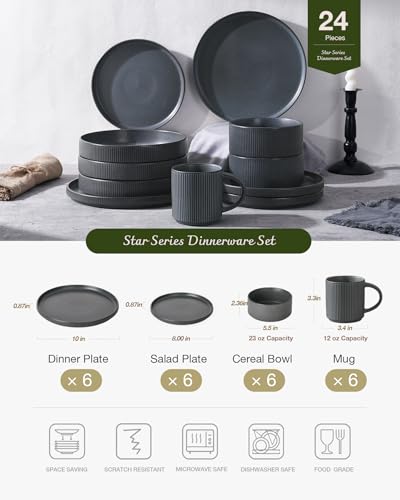 Image of Famiware Star Dinnerware Set with Mugs, Service for 6 (24 Pieces), Ribbed Stoneware Plates and Bowls Dishes Sets - Chip & Scratch Resistant, Microwave & Dishwasher Safe, Matte Dark Charcoal