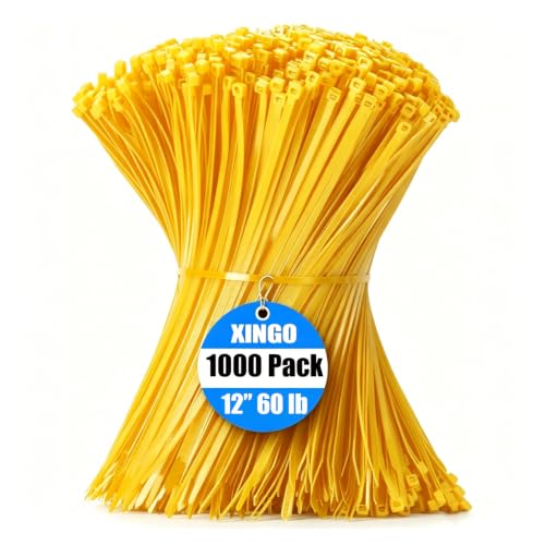 Image of XINGO 1000 PCS Yellow Zip Ties 12 Inch, 60 LBS Tensile Strength, Self-Locking Nylon Plastic Nylon PA66 Wire Ties for Indoor and Outdoor Use
