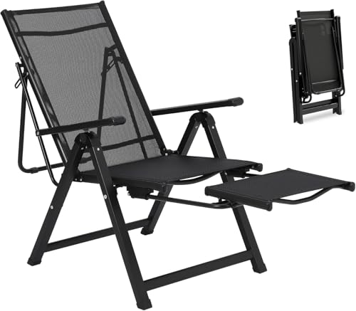 BouPower 10-Position Reclining Patio Chair with Footrest, Heavy Duty Folding Outdoor Chaise Lounge, Adjustable Camping Chair for Garden/Deck/Lawn,Livingroom, 330Lbs Capacity, No Assembly, Black