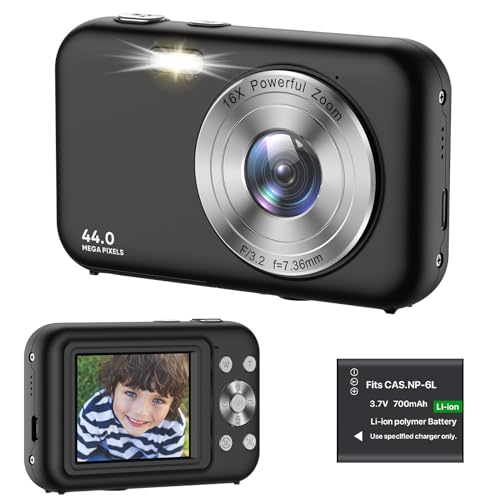 Cámara Digital Compacta, 44MP 1080P HD Cámara, 2.4» Pulgadas con Zoom 16X Recargable Cámara de Fotos para Niño,Principiantes,Adulto (Negro)