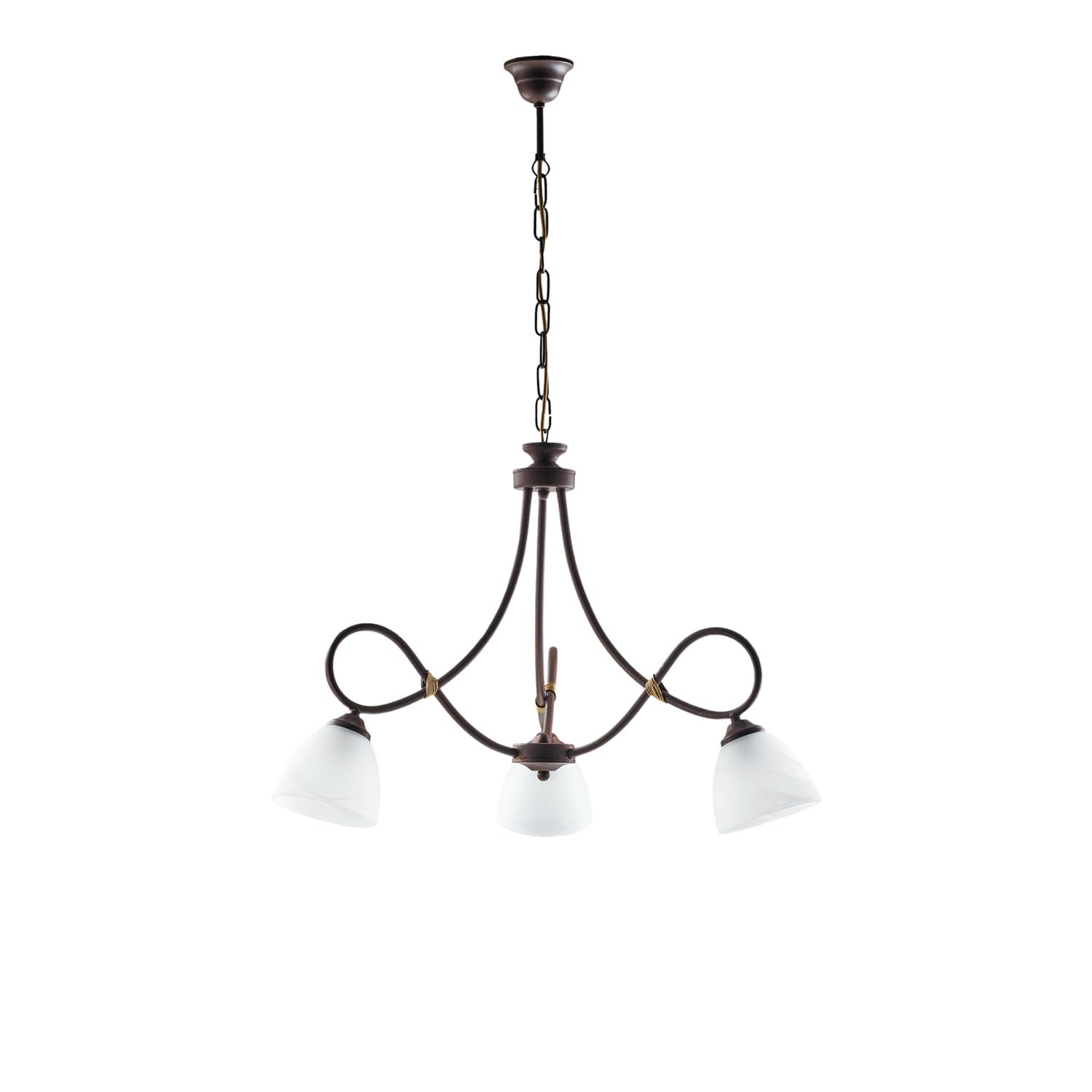 Lampadario 3 Luci Ferro Battuto Laccato Nero e Ruggine Vetro Bianco Serie Dallas