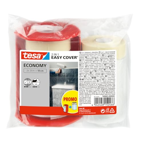tesa Easy Cover ECONOMY Cover Sheet for Painting - 2 in 1 Protection Foil and Masking Tape for Masking - 2x 20 m x 55 cm + Dispenser