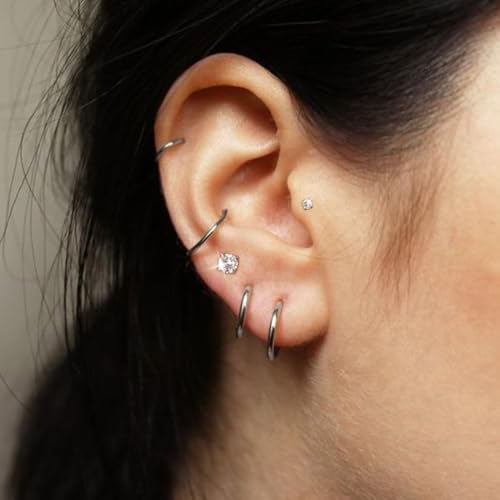 14K Gold Stud Hoop Earrings Stack Set for Women Men:Hypoallergenic Surgical Steel Seamless Earrings,Dainty Small Flat Back earrings for Cartilage Helix Tragus Multiple Piercing Jewelry4