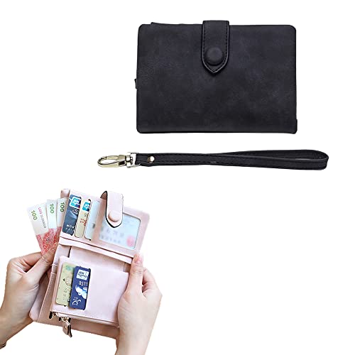 Small Trifold Leather Wallet for Women, Compact Ladies Credit Card Holder Handbag with Strap, Leather Clutch Wallets Multi Card Organizer (Black)2