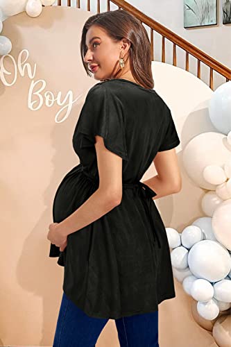 Ouges 2023 Womens Maternity Tops/Shirts Short Sleeve Wrap V Neck Tie Back Pleat Peplum Maternity Clothes/Tunic Casual Pregnancy Blouse(Black,L) #TOP4