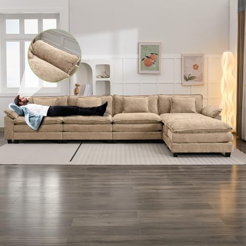 Image of Oprisen 154 inch Modular Sectional Sofa, Comfy Cloud Couch Sectional Sofa with Ottoman, Chenille Sofa Sleeper Deep Seat Sofa with Throw Pillows for Living Room (Khaki, 154 inch- U Shape)