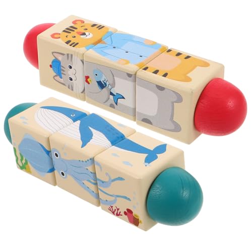 Kisangel 2 Stück Holz Drehblockspielzeug - Montessori Sensorisches Puzzle, Land&Meerestiere Greiftraining für Kleinkinder