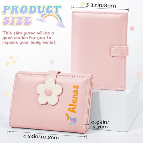 Personalized Cute Wallets for Women, Small Trifold Girl Wallets, Custom Name Flower Wallet,Leather Card Holder Coin Purse with ID Window, Personalized Gifts for Girls Ladies Women-Pink 5
