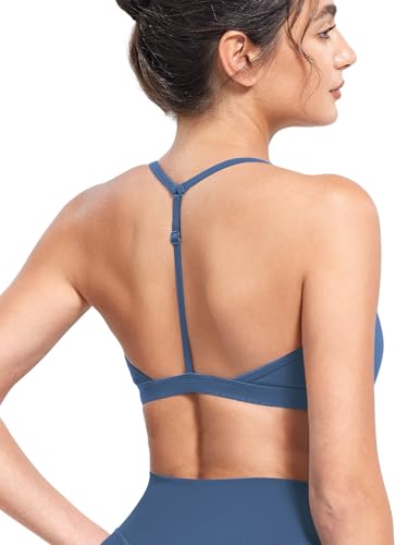 Image of YEOREO CoreFlex Sports Bras for Women Strappy Padded Halter Open Back Light Impact Deep V Neck Yoga Workout Gym Tops