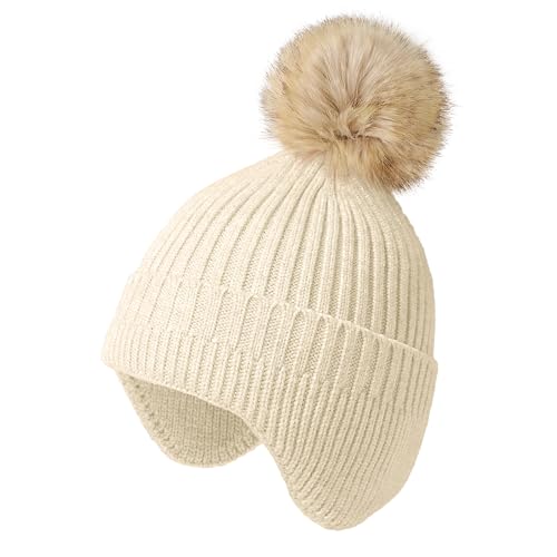 Image of Beanies Women Winter Hat - Earflap Winter Hats for Women with Faux Fur Pom Warm Knit Skull Cap Beanie for Women