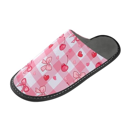 Slippers for Women Pink Checkered Background Cherry Bow Pattern Soft Winter Warm Shoes Indoor Outdoor Non-Slip House Travel Slippers2