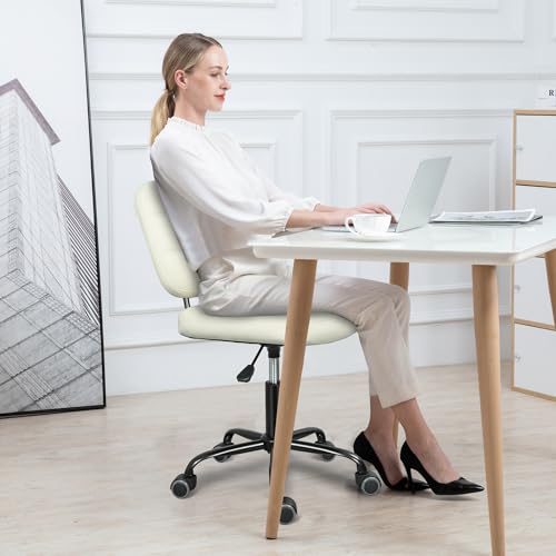 Image of Armless Office Chair with Wheels, Small Desk Chair with Wheels - White