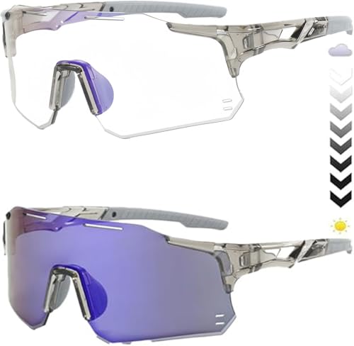 Photochromic Cycling Glasses - UV400 Protection with Auto-Darkening Lens, Lightweight & Shockproof for Outdoor Sports (Gray Frame Color Change Blue)