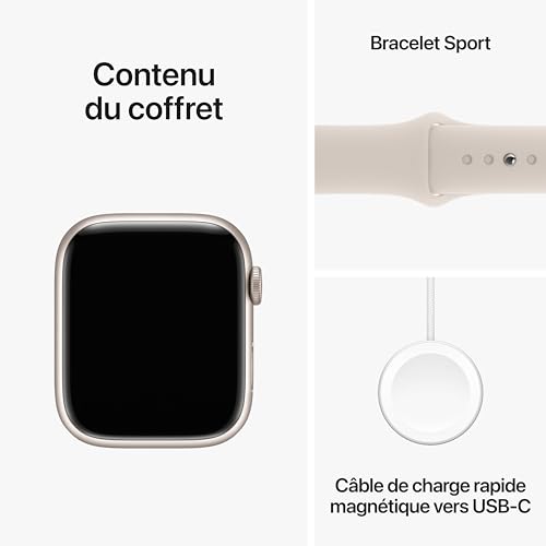 Apple Watch Series 9 (45 mm GPS) Smartwatch avec boîtier Aluminium et Bracelet Sport lumière stellaire (S/M). Suivi de l’activité Physique, apps Oxygène sanguin et ECG, écran Retina Toujours activé