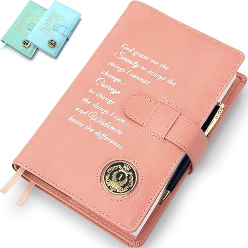 Galileo Double AA Big Book Cover & 12 Steps & 12 Traditions | PU Leather | Coin Holder | AA Book Covers for Hardcover | AA Gift | Alcoholics Anonymous (Serenity Prayer/Pastel Peach)