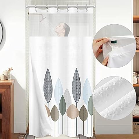 Stall Waffle Weave Shower Curtain with Snap-in Liner & Metal Hooks, Half Size 36" x 72" Small Shower Curtains for Bathroom, Heavyweight Fabric & Mesh Top Window, Hotel Style & Machine Washable (Leaf) Cover