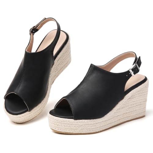 Tilocow Black Espadrilles Wedges for Women Open Toe Ankle Strap Platform Dressy Casual Sandals Travel Slides Size 7.5
