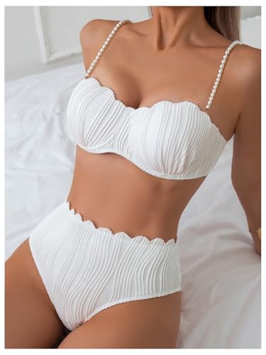 MakeMeChic Women's 2 Piece Bikini Set Textured Pearl Beaded Strap Scallop Trim High Waist Swimsuit2
