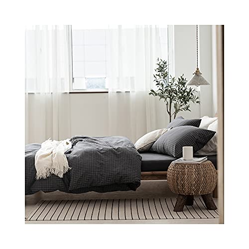 Image of F.Y.Dreams 100% Washed Cotton Duvet Cover for Weighted Blanket 60x80 inches with 16 Ties, Zipper on Long Side /Gray Grid /Just Duvet Cover