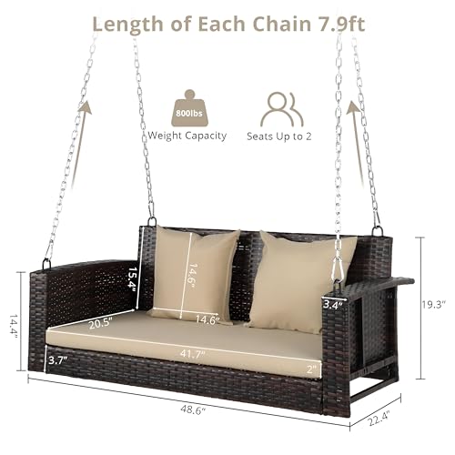 Image of Patio Outdoor Double Seater Swing Chair Without Stand for Balcony, Garden | Weather Resistant Rattan & Wicker Hammock Jhula for Adults | Outdoor Sofa Swing (Brown and Cream)