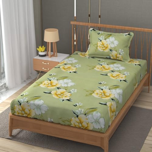 Image of Premium Heavy Cotton Elastic Fitted Bedsheets with 1 King Size Pillow Covers | Single Bed with All Around Elastic 350 TC | 36 x 78 x 6 Inch Single Size Fitted | - Light Green