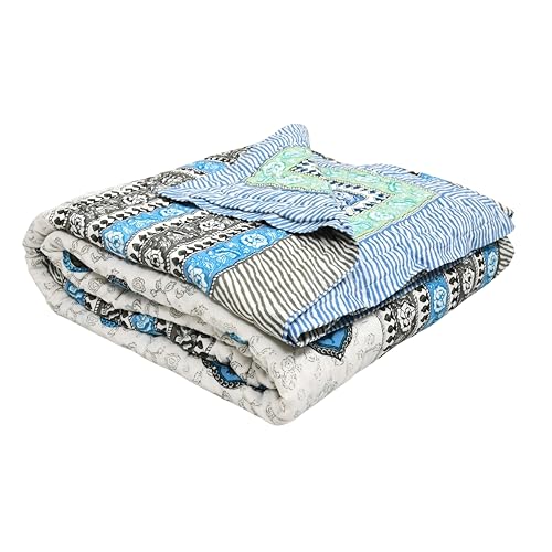 Image of BLOCKS OF INDIA Hand Block Printed Cotton King Size Quilt /Rajai | Blue Grey Rose