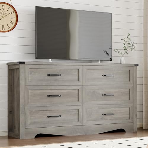 Image of BORNOON 6-Drawer Dresser for Bedroom, Modern Wooden Chest of Drawers with Metal Handles, Anti-Tipping Design, Sturdy and Stable Storage Organizer for Living Room, Entryway, Home Office