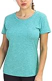 icyZone® Damen Melange T-Shirt outdoor Sport aktiv Base Layer Sonnenschutz Kompression Funktionsshirt(Green Heather, L)