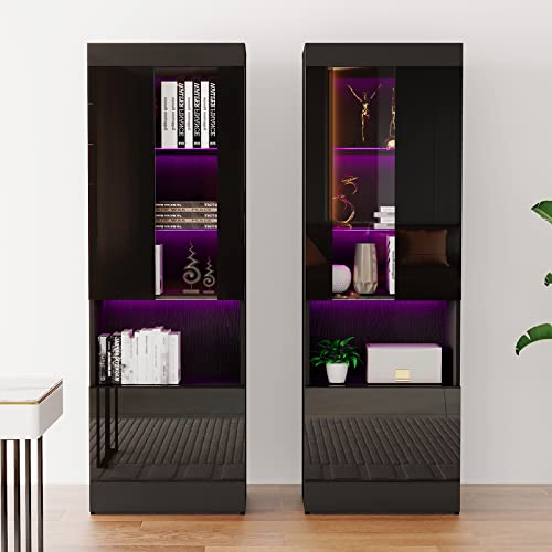 Amerlife 2 Piece 71In Tall Bookcase Storage Cabinet With Glass Doors, Modern High Gloss Led Bookshelf Display With 5 Tier Storage Shelves & Adjustable Glass Shelves For Living Room Study Office, Black #TOP2