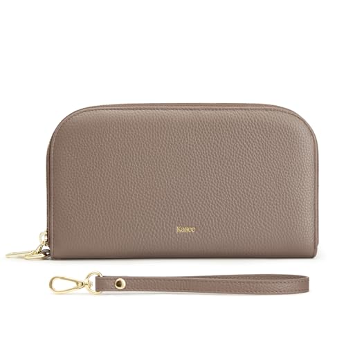 Kattee RFID Wallet Women, Leather Wristlet Wallets for Women, Slim Clutch Purses Large Capacity Card Holder with Removable Wrist Strap, Khaki