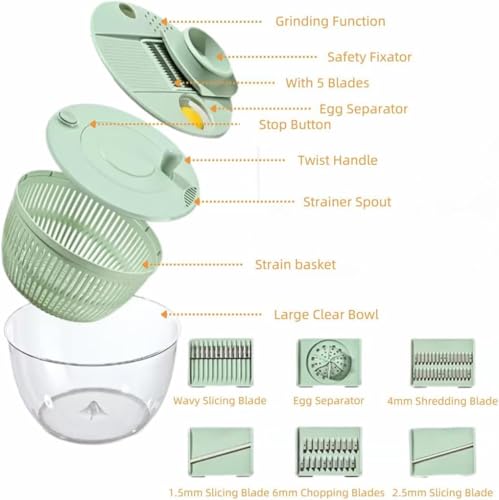 Image of 5L Salad Dryer Bowl Multifunctional Salad Processer Bowl with 6 in 1 Food Processer Blades Large Capacity Salad Dryer Bowl with Crank Handle Kitchen Vegetable Salad Dryer