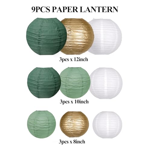 Image of Paper Lanterns Decorative, Hanging Paper Lanterns Party Decorations for Graduation Wedding Baby Shower Tropical Jungle Theme Birthday Party Decorations Sage Green /Gold /White 9pcs